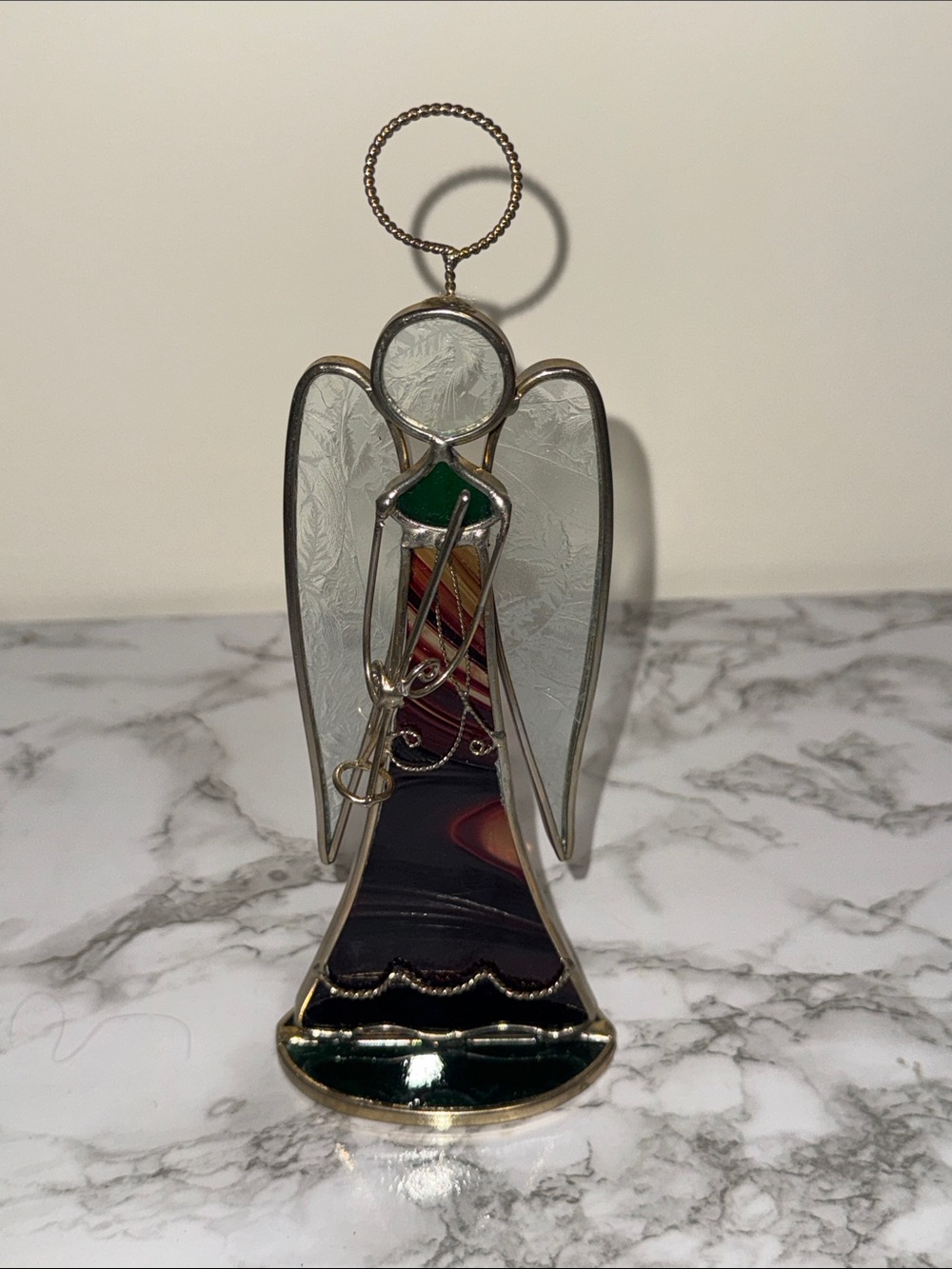 Handcrafted Stained Glass Angel Figurine - Green and Multicolor